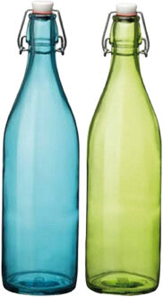 Bormioli Rocco Deco of weckflessen set - 2x stuks - met beugeldop - 30 cm - 1 liter - blauw en groen