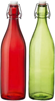 Bormioli Rocco Giara decoratie of weckflessen met beugeldop 30 cm van 1 liter 4x stuks rood en groen - Waterflessen