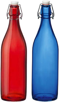 Bormioli Rocco Giara decoratie of weckflessen met beugeldop 30 cm van 1 liter blauw en rood - Waterflessen