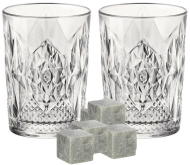 Bormioli Rocco Luxe whiskyglazen set 6x stuks 390 ml met 9x whisky ijsblokstenen