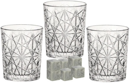 Bormioli Rocco Luxe whiskyglazen set 6x stuks 390 ml met 9x whisky ijsblokstenen