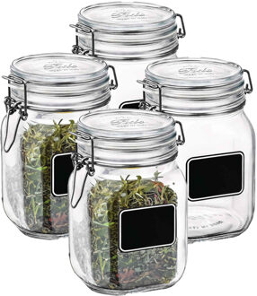 Bormioli Rocco Voorraad/weckpot - 4x - transparant - glas - 16 x 10,6 cm - 1 L - krijtplaatje - Bormioli Rocco