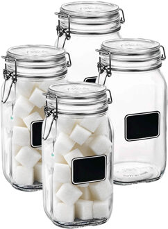 Bormioli Rocco Voorraad/weckpot - 4x - transparant - glas - 22 x 10,6 cm - 1,5 L - krijtplaatje - Bormioli Rocco