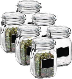 Bormioli Rocco Voorraad/weckpot - 6x - transparant - glas - 16 x 10,6 cm - 1 L - krijtplaatje - Bormioli Rocco