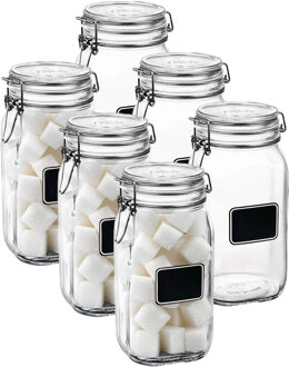 Bormioli Rocco Voorraad/weckpot - 6x - transparant - glas - 22 x 10,6 cm - 1,5 L - krijtplaatje - Bormioli Rocco
