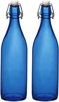 Bormioli Rocco waterfles met beugeldop - 2x stuks - blauw transparant - 1000 ml - Giara home deco fl