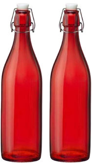 Bormioli Rocco waterfles met beugeldop - 2x stuks - rood transparant - 1000 ml - Giara home deco fle