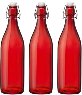 Bormioli Rocco waterfles met beugeldop - 4x stuks - rood transparant - 1000 ml - Giara home deco fle