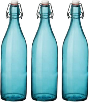 Bormioli Rocco waterfles met beugeldop - 4x stuks - turquoise transparant - 1000 ml - Giara home dec
