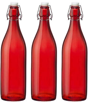 Bormioli Rocco waterfles met beugeldop - 6x stuks - rood transparant - 1000 ml - Giara home deco fle