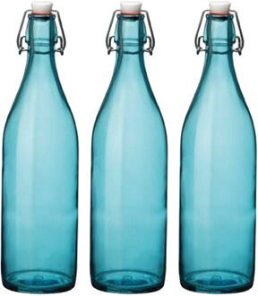 Bormioli Rocco waterfles met beugeldop - 6x stuks - turquoise transparant - 1000 ml - Giara home dec