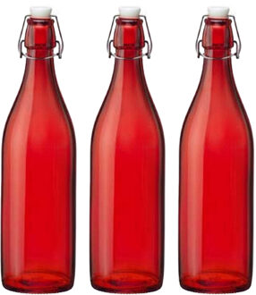 Bormioli Rocco waterfles met beugeldop - 8x stuks - rood transparant - 1000 ml - Giara home deco fle
