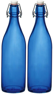 Bormioli Rocco waterfles met beugeldop - Set van 2x stuks - blauw transparant - 1000 ml - Giara home