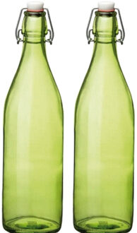 Bormioli Rocco waterfles met beugeldop - Set van 2x stuks - groen transparant - 1000 ml - Giara home