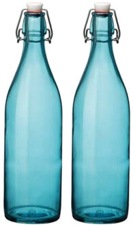 Bormioli Rocco waterfles met beugeldop - Set van 2x stuks - turquoise transparant - 1000 ml - Giara