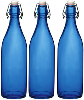 Bormioli Rocco waterfles met beugeldop - Set van 3x stuks - blauw transparant - 1000 ml - Giara home