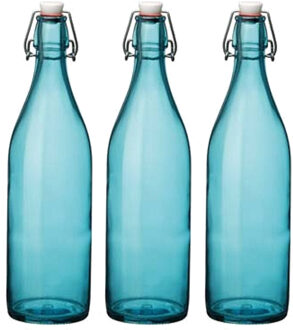 Bormioli Rocco waterfles met beugeldop - Set van 3x stuks - turquoise transparant - 1000 ml - Giara