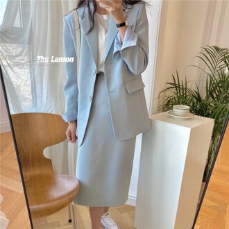 Bornsra Lente Pakken Mid-Kalf Enkele Breasted Blazer En Rok Vrouwen Suits Office Set Rok Office Lady Rok met Pak blauw / S