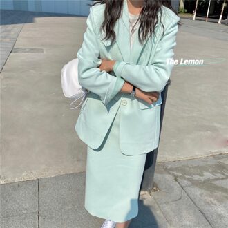 Bornsra Lente Pakken Mid-Kalf Enkele Breasted Blazer En Rok Vrouwen Suits Office Set Rok Office Lady Rok met Pak groen / S