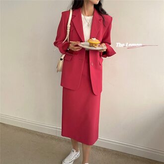 Bornsra Lente Pakken Mid-Kalf Enkele Breasted Blazer En Rok Vrouwen Suits Office Set Rok Office Lady Rok met Pak rood / M