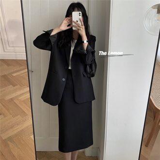 Bornsra Lente Pakken Mid-Kalf Enkele Breasted Blazer En Rok Vrouwen Suits Office Set Rok Office Lady Rok met Pak zwart / M
