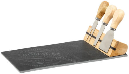 Borrelplank/kaasplank set - inclusief 3x kaasmes - Leisteen/hout - 16 x 32 cm - serveerplank