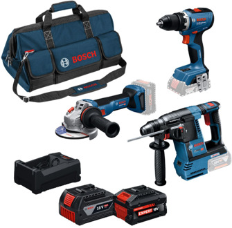 Bosch Blauw 3-delige Comboset GSR 18V-65 Accuboormachine, GBH 18V-26 Boorhamer, GWS 18V-11 Haakse slijper, 2x GBA 18V 5,0Ah-5,5Ah - 0615A500AJ