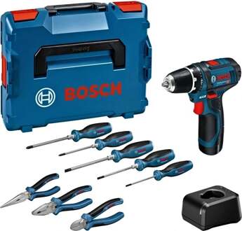 Bosch Blauw Accutoolkit Combipack GSR 12V-15 + Handtools (8x) | 2x GBA 12V 2,0Ah + GAL 12V-20 - 060186810R