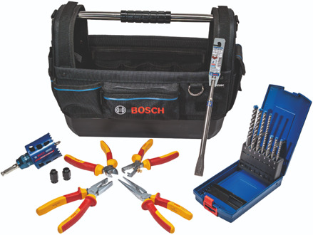 Bosch Blauw Bosch Accessoires Electrician Kit met VDE Tangenset, SDS-Plus Borenset, Beitel, Gatzaag 68mm in Gereedschapstas - 061599768F