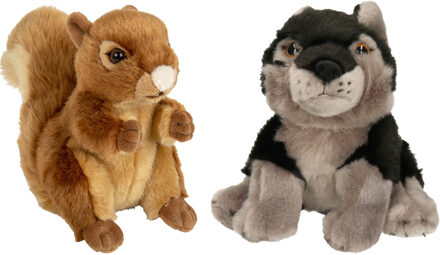 Bosdieren zachte pluche knuffels 2x stuks - Eekhoorn en Grijze Wolf van 18 cm