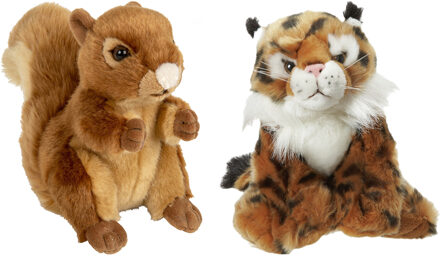 Bosdieren zachte pluche knuffels 2x stuks - Eekhoorn en Lynx van 18 cm