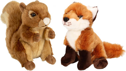 Bosdieren zachte pluche knuffels 2x stuks - Eekhoorn en Vos van 18 cm