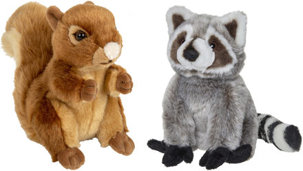 Bosdieren zachte pluche knuffels 2x stuks - Eekhoorn en Wasbeer van 18 cm