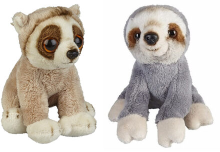Bosdieren zachte pluche knuffels 2x stuks - Grootoog Lorie aapje en Luiaard van 15 cm