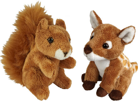 Bosdieren zachte pluche knuffels 2x stuks - Hertje en Eekhoorn van 15 cm