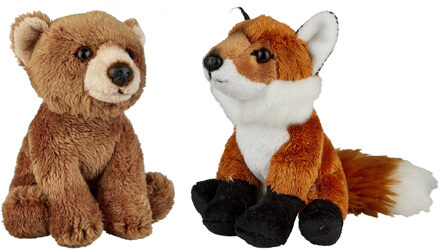 Bosdieren zachte pluche knuffels 2x stuks - Vos en Bruine Beer van 15 cm
