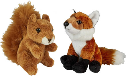 Bosdieren zachte pluche knuffels 2x stuks - Vos en Eekhoorn van 15 cm