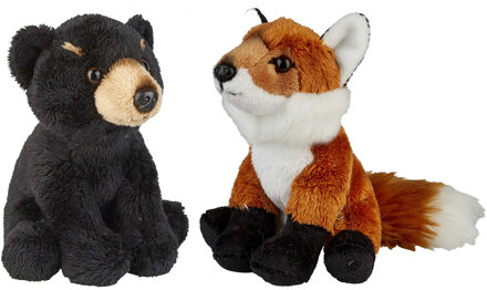 Bosdieren zachte pluche knuffels 2x stuks - Vos en Zwarte Beer van 15 cm