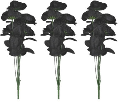 Bosje met 6 zwarte rozen - 3x - halloween decoratie - 37 cm - Heksen - Verkleedaccessoires