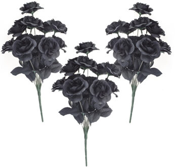 Bosje met 6 zwarte rozen - 3x - Halloween decoraties - 38 cm - Verkleedaccessoires - dode bloemen