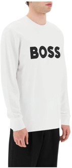 BOSS Logo Crew-neck Sweatshirt van Biologisch Katoen Boss , White , Heren - Xl,L