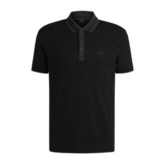 BOSS Men's Boss Paule Tape Stripe Collar Polo Shirt in Black - maat L Zwart