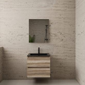 Boss & Wessing ACTIE BWS Badmeubel | Paris | Canyon Oak 60 cm | Mat Zwart Wastafel | 1 Kraangat