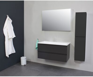 Boss & Wessing Badkamermeubel Boss & Wessing Pepper Acryl Wastafel Incl Spiegel Zonder Kraangat 100x55x46 cm Antraciet Boss & Wessing