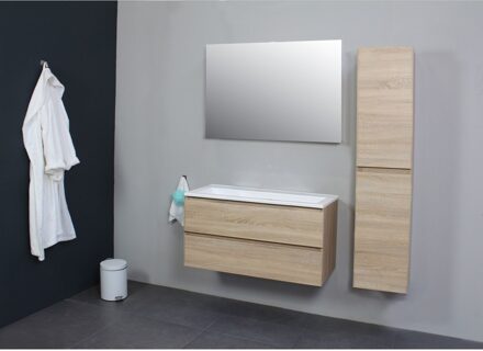 Boss & Wessing Badkamermeubel Boss & Wessing Pepper Acryl Wastafel Incl Spiegel Zonder Kraangat 100x55x46 cm Eiken Boss & Wessing