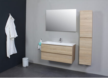 Boss & Wessing Badkamermeubel Boss & Wessing Pepper Acryl Wastafel Met Kraangat Inclusief Spiegel 100x55x46 cm Eiken Boss & Wessing