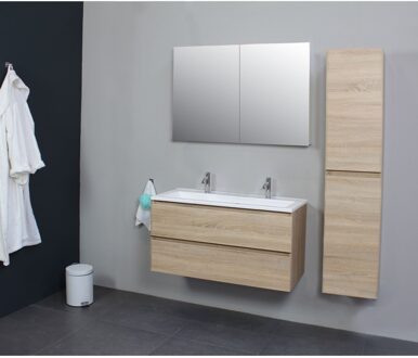 Boss & Wessing Badkamermeubel Boss & Wessing Pepper Acryl Wastafel Twee Kraangaten 100x55x46 cm Eiken Boss & Wessing