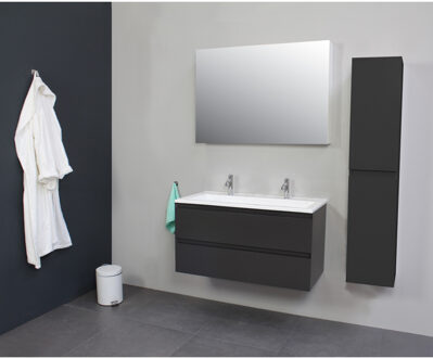 Boss & Wessing Badkamermeubel Boss & Wessing Pepper Acryl Wastafel Twee Kraangaten Incl Spiegel 100x55x46 cm Antraciet Boss & Wessing