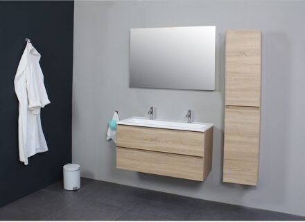 Boss & Wessing Badkamermeubel Boss & Wessing Pepper Acryl Wastafel Twee Kraangaten Incl Spiegel 100x55x46 cm Eiken Boss & Wessing