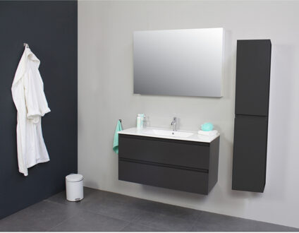 Boss & Wessing Badkamermeubel Boss & Wessing Pepper Wastafel Porselein Incl Spiegel En Kraangat 100x55x46 cm Antraciet Boss & Wessing